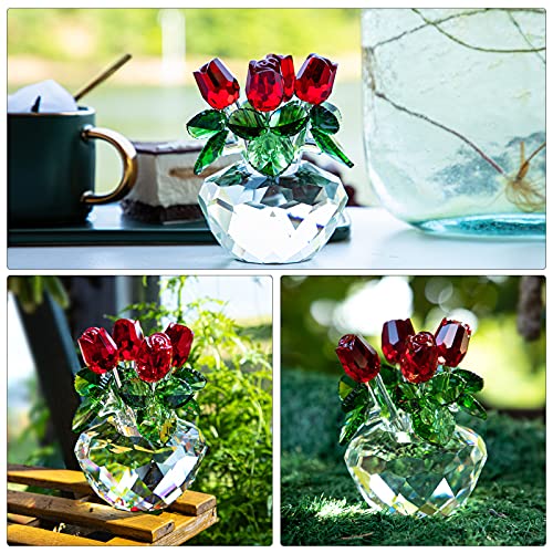 Handcrafted Red Crystal Flowers with Rotating Base Fengshui Home Decor