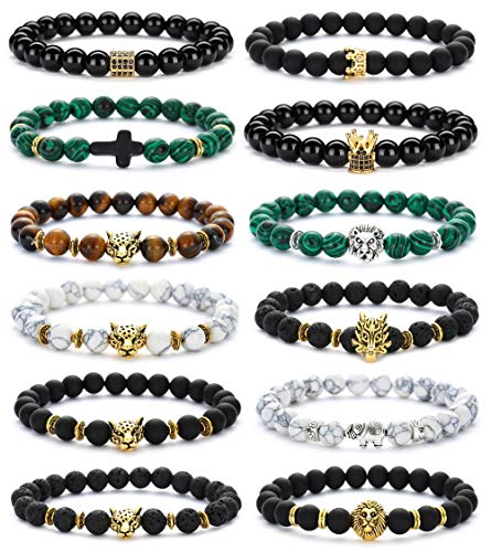 HOLDAY SPECIAL! 12 Pcs 8MM Lava Rock Stone Crown King Charm Lion Leopard Head Natural stone Bracelet Set