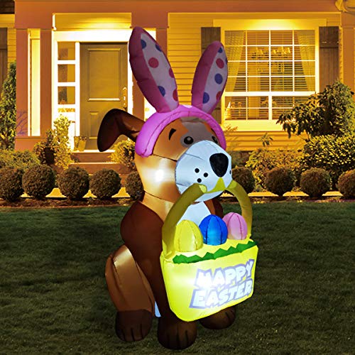 5 FT Easter Inflatables Dog w/ a Bunny Headband & LED Lights Home Decoration