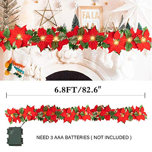 Christmas Poinsettia Garland, 7 FT 10 LED Velvet Artificial Flower