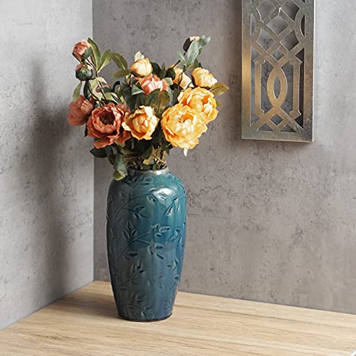 Blue Ceramic Flower  Vase w/ Leaf Branches - 11"