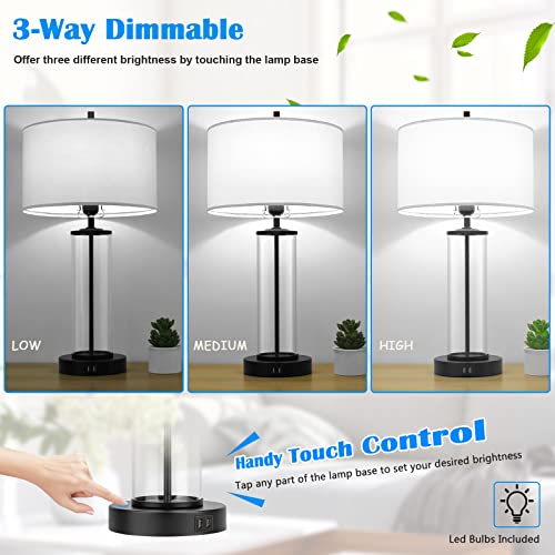 Modern Touch Control Table Lamps w/ 2 USB Ports for Set of 2 Bulbs Included