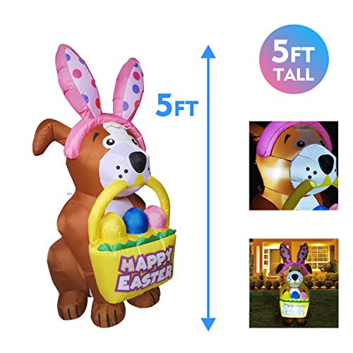 5 FT Easter Inflatables Dog w/ a Bunny Headband & LED Lights Home Decoration
