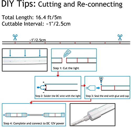 Neon LED Strip Light 16.4ft/5m 12V DC 600 LEDs Waterproof Flexible
