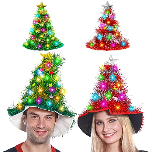 2 Pack Christmas Tree Santa Hat w/ Tinsel 30 LED Colorful Light