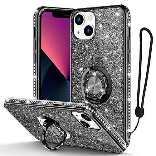 Phone Case for iPhone 13, Glitter Protective Case w/ 360 Degree Ring Stand