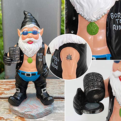 Biker Gnome with Motorcycle Leather Gear Tattoos Garden Gnome Statue