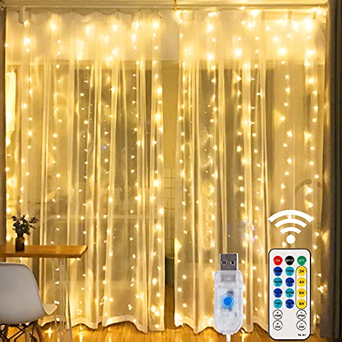 300 LED 8 Lighting Modes Fairy Copper Window Curtain String Lights with Remote