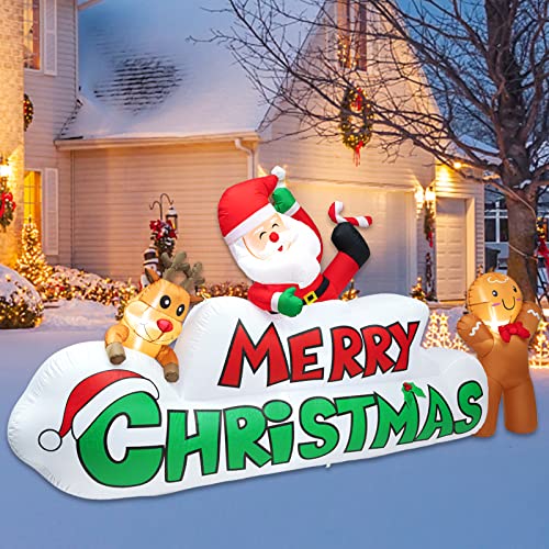 9.5FT Merry Christmas Inflatables w/ Santa, Reindeer & Gingerman & Build-in 5LEDs