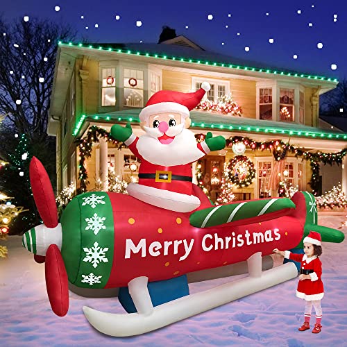 9FT Christmas Inflatables Santa Claus on Airplane w/ LEDs