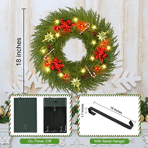 Pre-lit Christmas Wreath Decoration for Front Door w/ Hanger 18" Battery Operated