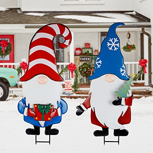 33 Inch Christmas Decoration 2 Pack Garden Metal Gnome Stakes