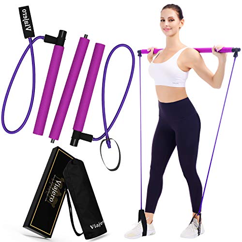Pilates Bar Kit w/ 2 Latex Exercise Resistance Bands for Portable Home Gym Workout