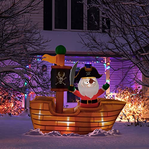 6-Ft Christmas Pirate Santa on A Wooden Flag Inflatable Ship w/ Built-in LED Lights