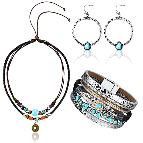 Women Bohemian Necklace, Braided Leather Wristbands Bracelets & Earring Set