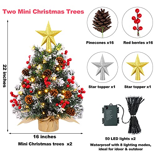 2 Pack 22 Inch Mini Artificial Christmas Trees w/ 2 String LED Lights