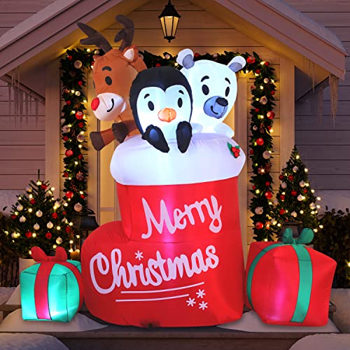 6 FT Tall Christmas Inflatable Merry Christmas Stocking w/ Build-in LEDs