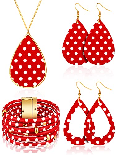 4 Pcs Women's Jewelry Set Polka Dot Pattern  Multi-Layer Bracelet & PU Leather Dangle Earrings