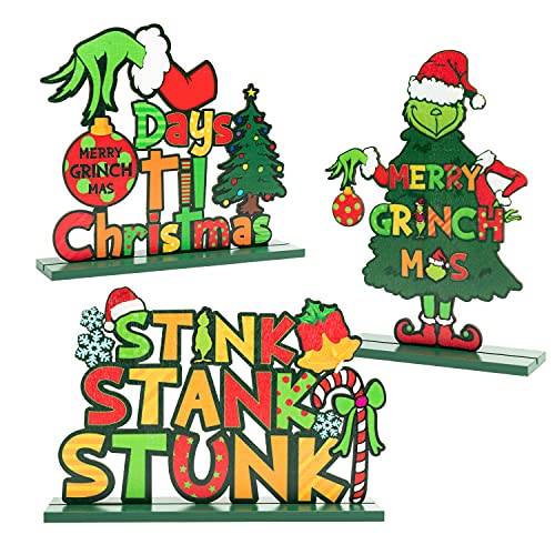 3 Pcs Green Grinch Christmas Monster Wooden Table Decorations