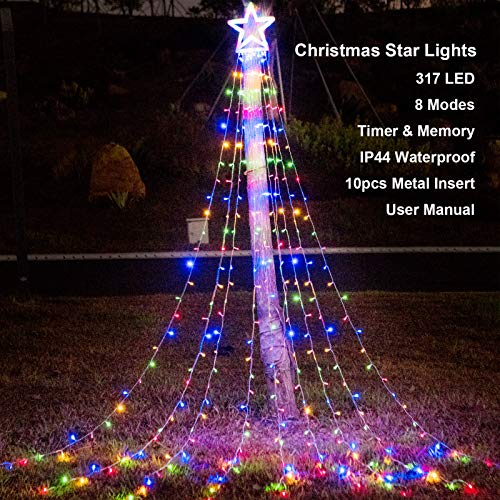 Christmas Star String Lights 317 LED  Waterproof String Lights with Star Topper, 8 Lighting Modes Waterfall Lights for Tree Decor