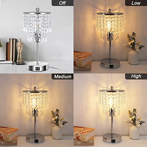 Crystal Lamp for Bedroom Set of 2, 3-Way Dimmable Touch Control w/  2 USB Charging Ports ED Bulb Included