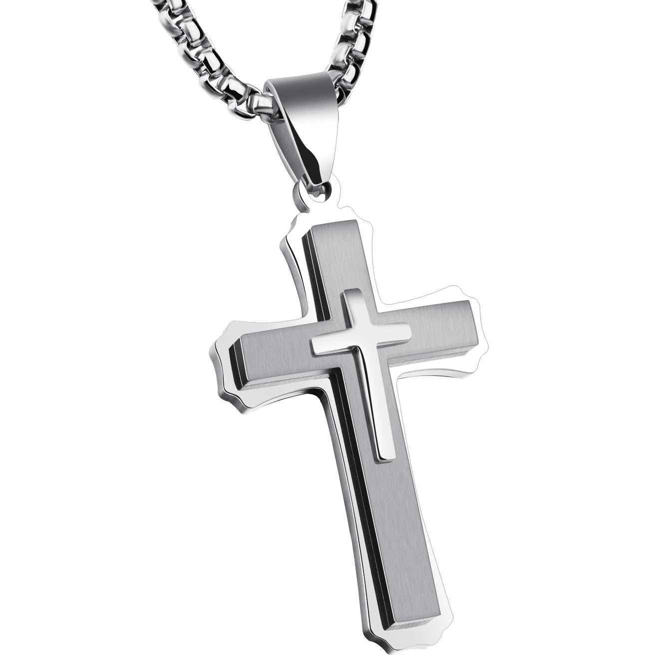 Stainless Steel Large Layered Cross Pendant Necklace, for Men