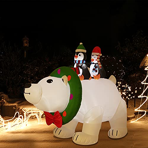 8FT Christmas Inflatable Polar Bear w/ Penguin & LEDs