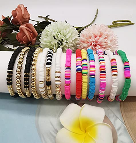 14 Pcs Colorful Surfer Stackable Rainbow Vinyl Beaded Bracelet Set Bundle Promo