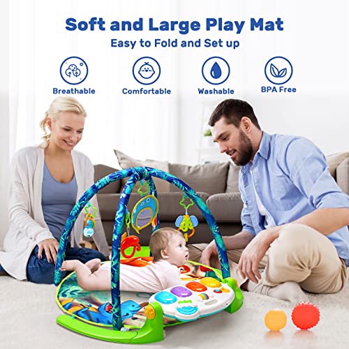 Baby Gym Play Mat, Kick & Play Piano w/ 5 Sensory Teether Toys