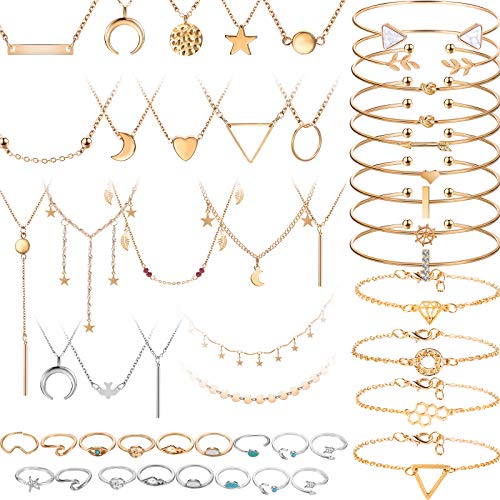 52 Pieces Gold Jewelry Set / Multiple Layered Choker Pendant Necklace Assorted Rings & Bangles for Women