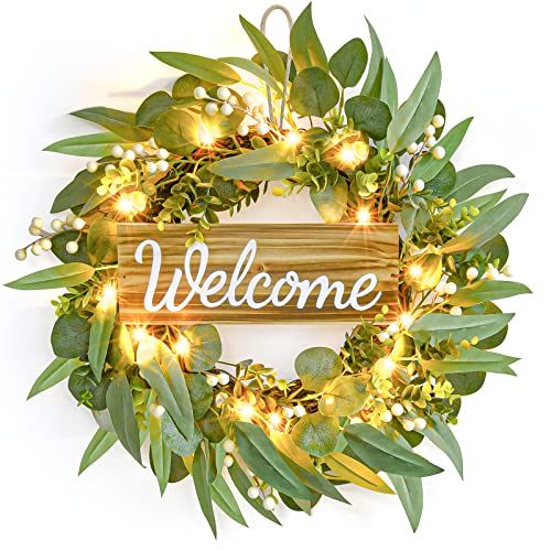 25.19 inches Artificial Eucalyptus Wreath, Front Porch Decor with Light and Welcome Sign