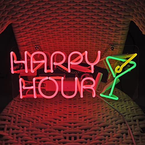 Cocktails Happy Hour Art Light Handmade Glass Neon Lights Sign for Home Decoration