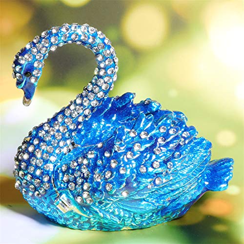 Blue Diamond Swan Trinket Box Hinged Hand-painted Figurine Collectible Ring Holder