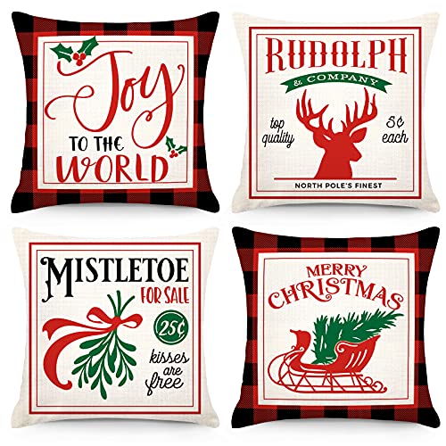 18x18 Inch Set of 4 Christmas Decorations Throw Pillowcase Buffalo Check Plaid Farmhouse Pillow Covers