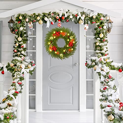 Pre-lit Christmas Wreath Decoration for Front Door w/ Hanger 18" Battery Operated