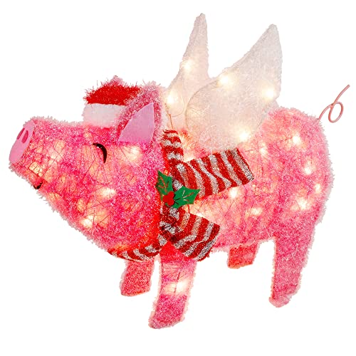 25" x 19" Pink Pig, 50 LED Lights 3D Flying Pig w/ Christmas Hat & Scarf, Cute Christmas Decoration