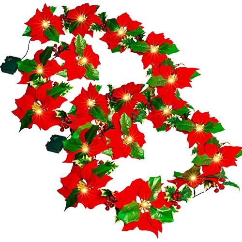 Christmas Poinsettia Garland, 7 FT 10 LED Velvet Artificial Flower