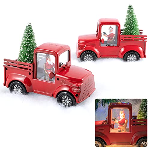 2 Pcs Upgraded Christmas Vintage Red Truck w/ LED Light- 5.9"