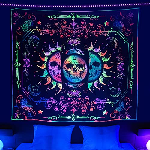 Backlight Trippy Space Astronaut -Skull Sun & Moon Tapestry UV Reactive 60x51 Inch