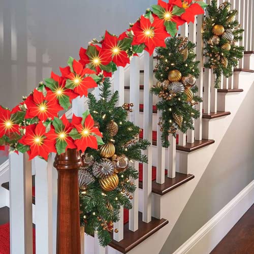 Christmas Poinsettia Garland, 7 FT 10 LED Velvet Artificial Flower