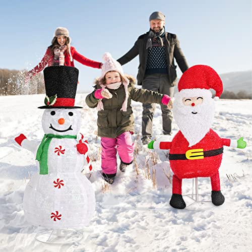 Set of 2 Collapsible 3.0FT Snowman 2.6FT Santa w/ 100 LEDs Plug-in  Christmas Decoration