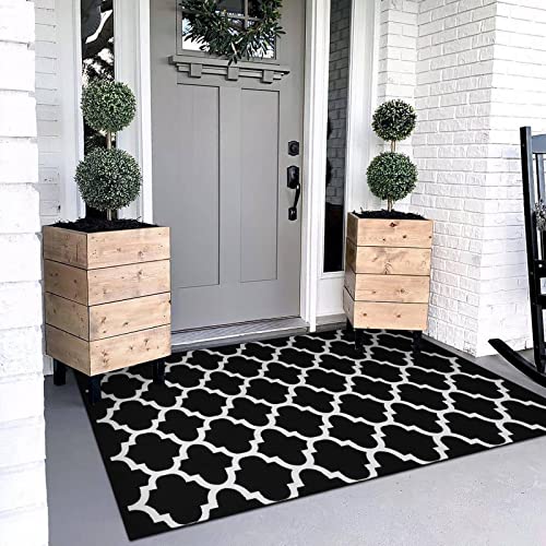Black & White Outdoor Rug, Machine Washable, Reversible
