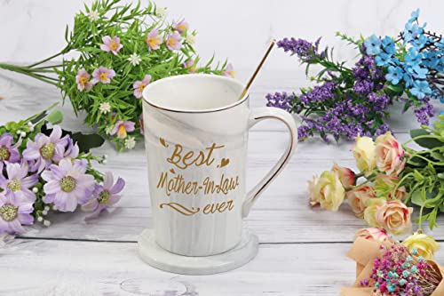 Best Mother In Law Coffee Mug Best 14 Ounce Pink w/ Gift Box Spoon Coaster