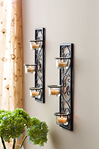 Set of Two 13.75 Inch High Black Iron Tealight Wall Sconce