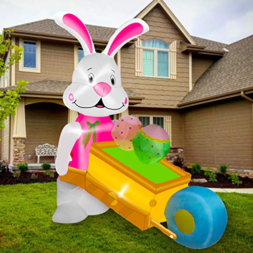 6 FT LED Easter Inflatable Decoration Bunny Rabbit Pushing Wheelbarrow w/ Eggs