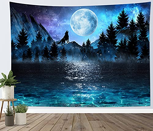 Galaxy Wolf on Mountain Starry Night Sky Forest Moon Over Ocean Wall Hanging Tapestry