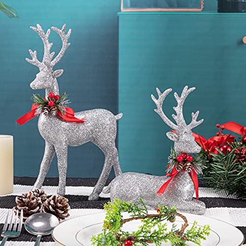 2 Pcs Standing and Lying Silver Christmas Reindeer Decor