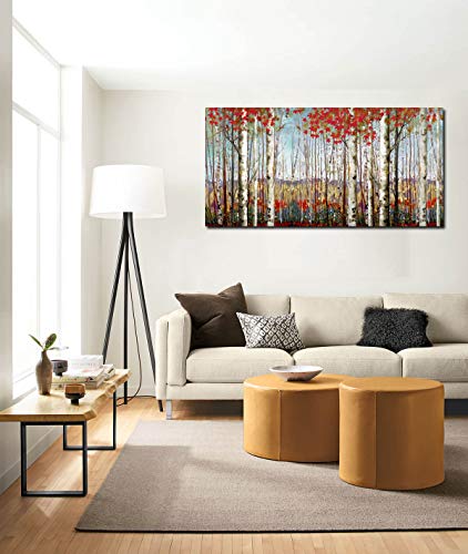 Canvas Wall Art Modern Decoration- Red Leaves White Birch Tree Forest 24x48 Inch