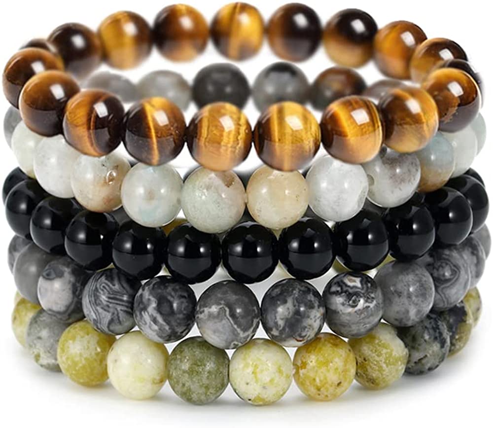 5PCS Semi-Precious Gemstone Bracelet - Healing Crystal Stone Beaded Bracelets for Women Men 8mm Round