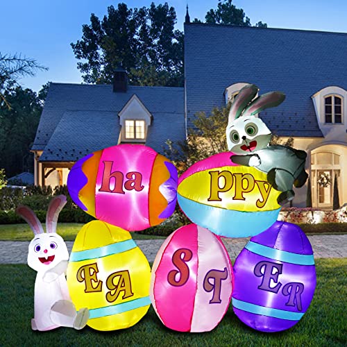 6 Ft Easter Inflatable Bunny w/ Happy Easter Eggs Lighted  Decor